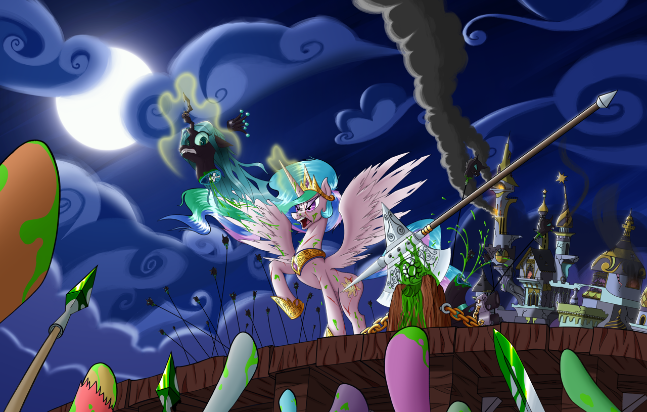 grimdark, grotesque, anonymous artist, princess celestia, queen chrysalis, ...