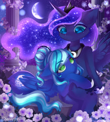 Size: 3000x3300 | Tagged: safe, artist:monstrum, princess luna, oc, alicorn, pegasus, pony, g4, beautiful, canon x oc, commission, cute, flower, high res, horn, moon, night, wings, ych result