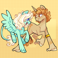 Size: 2500x2500 | Tagged: safe, artist:3ggmilky, oc, oc only, pegasus, pony, unicorn, cloven hooves, commission, duo, eye scar, facial scar, high res, horn, horn ring, leonine tail, looking at each other, looking at someone, open mouth, open smile, ring, scar, smiling, tail, unshorn fetlocks