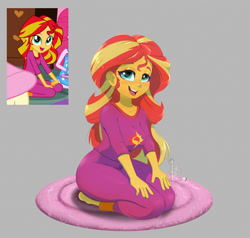 Size: 1200x1142 | Tagged: safe, artist:inkypuso, screencap, sunset shimmer, human, equestria girls, rainbow rocks, barefoot, bedroom eyes, breasts, clothes, cute, feet, female, happy, kneeling, open mouth, open smile, pajamas, pants, screencap reference, shimmerbetes, shirt, smiling, solo