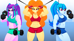 Size: 3800x2100 | Tagged: safe, artist:xan-gelx, adagio dazzle, aria blaze, sonata dusk, human, equestria girls, g4, acardio dazzle, aria brute, aria buff, biceps, bodybuilder, clothes, dumbbell (object), female, gritted teeth, gym, gym uniform, high res, muscles, muscular female, sweat, sweatdrops, swolenata dusk, teeth, the dazzlings, weight lifting, weights, workout, workout outfit