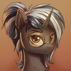Size: 2000x2000 | Tagged: safe, artist:adagiostring, oc, oc only, oc:nebula flare, pony, unicorn, bust, chest fluff, ear fluff, ear piercing, earring, eyebrows, eyeshadow, female, freckles, glasses, high res, horn, jewelry, looking at you, makeup, mare, piercing, raised eyebrow, signature, smiling, smiling at you, solo, unicorn oc