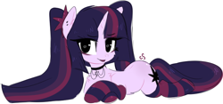 Size: 1396x654 | Tagged: safe, artist:cutiesparke, twilight sparkle, pony, unicorn, g4, :p, alternate cutie mark, alternate design, alternate hairstyle, butt blush, choker, clothes, eyelashes, eyeliner, hairpin, jewelry, looking sideways, lying down, makeup, pigtails, socks, solo, stockings, striped socks, thigh highs, tongue out, twintails, unicorn twilight