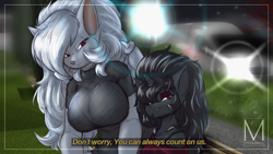 Size: 3840x2160 | Tagged: safe, artist:maximus, oc, oc only, oc:ashley rivera, bat, unicorn, anthro, big breasts, breasts, duo, duo female, female, high res, looking at you, park, text