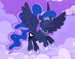 Size: 1374x1080 | Tagged: safe, artist:cstrawberrymilk, princess luna, alicorn, pony, g4, alternate hairstyle, cloud, cute, eyes closed, female, flying, hoof shoes, horn, jewelry, lunabetes, mare, necklace, night, open mouth, open smile, pearl necklace, ponytail, princess shoes, regalia, smiling, solo, spread wings, starry night, stars, tail, wings