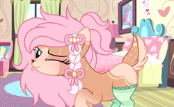 Size: 1749x1080 | Tagged: safe, artist:cstrawberrymilk, oc, oc only, deer, deer pony, original species, g4, :p, bed, bedroom, braid, clothes, exercise, female, indoors, mare, one eye closed, socks, solo, striped socks, sweat, tongue out, wink