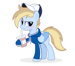 Size: 1230x1080 | Tagged: safe, artist:cstrawberrymilk, oc, oc only, oc:terncode, pegasus, pony, g4, cap, clothes, colored wings, drinking, female, hat, hoodie, mare, pegasus oc, show accurate, simple background, solo, transparent background, two toned wings, wings