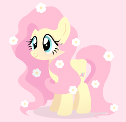 Size: 1117x1080 | Tagged: safe, artist:cstrawberrymilk, fluttershy, pegasus, pony, g4, colored, cute, eyelashes, female, flat colors, flower, flower in hair, flower in tail, folded wings, mare, pink background, shyabetes, simple background, smiling, solo, standing, tail, three quarter view, wings