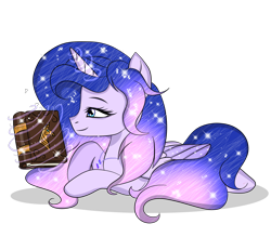 Size: 2976x2608 | Tagged: safe, artist:existencecosmos188, oc, oc only, oc:existence, alicorn, pony, alicorn oc, base used, book, ethereal mane, eyelashes, glowing, glowing horn, high res, horn, magic, reading, simple background, smiling, solo, starry mane, telekinesis, transparent background, wings