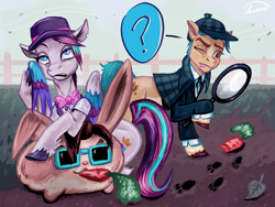 Size: 1600x1200 | Tagged: safe, artist:veanakart, hitch trailblazer, zipp storm, bunnycorn, earth pony, pegasus, pony, rabbit, g5, carrot, clueless, detective, female, food, hat, herbivore, magnifying glass, male, sherlock holmes, unamused, zipp storm is not amused