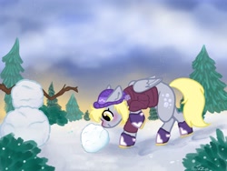 Size: 1600x1200 | Tagged: safe, artist:nootaz, derpy hooves, pegasus, pony, g4, clothes, cold, cute, derpabetes, female, hat, mare, rolling, snow, snowfall, snowman, sweater, winter outfit