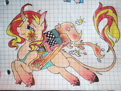 Size: 1030x776 | Tagged: safe, artist:durimelon, part of a set, sunset shimmer, alicorn, pony, g4, alicornified, clothes, flying, graph paper, jetpack, leonine tail, leotard, race swap, shimmercorn, solo, tail, traditional art