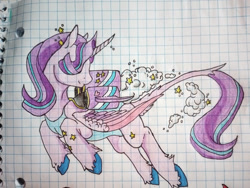 Size: 1030x776 | Tagged: safe, artist:durimelon, part of a set, starlight glimmer, alicorn, pony, g4, alicornified, clothes, flying, graph paper, jetpack, leonine tail, leotard, race swap, solo, starlicorn, tail, traditional art