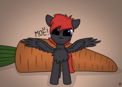 Size: 1877x1334 | Tagged: safe, artist:hardrock, oc, oc only, oc:rosetta hask, pegasus, pony, carrot, chest fluff, food, looking at you, solo, spread wings, wings