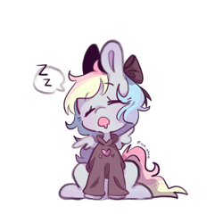 Size: 1280x1280 | Tagged: safe, artist:yun_nhee, oc, oc only, oc:blazey sketch, pegasus, pony, blushing, bow, clothes, grey fur, hair bow, long ears, long hair, long tail, onomatopoeia, simple background, sitting, sleeping, small wings, solo, sound effects, sweater, tail, tired, white background, wings, zzz