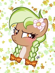Size: 1080x1443 | Tagged: safe, artist:cstrawberrymilk, oc, oc only, oc:sylvia evergreen, pegasus, pony, g4, angry, blushing, braid, braided pigtails, bust, cute, embarrassed, female, flower, flower in hair, freckles, hair tie, madorable, mare, pegasus oc, pigtails, portrait, show accurate, solo, wings