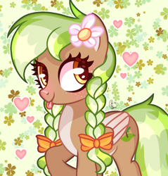 Size: 646x675 | Tagged: safe, artist:cstrawberrymilk, oc, oc only, oc:sylvia evergreen, pegasus, pony, g4, :p, abstract background, braid, braided pigtails, female, flower, flower in hair, freckles, hair tie, heart, mare, pegasus oc, pigtails, solo, tongue out, wings
