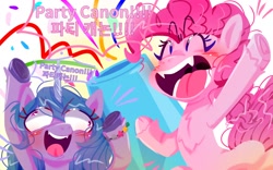 Size: 1920x1200 | Tagged: safe, artist:jully-park, izzy moonbow, pinkie pie, earth pony, pony, unicorn, g4, g5, cross-eyed, cute, cute little fangs, derp, digital art, duo, duo female, fangs, female, izzy and her heroine, korean, lineless, mare, open mouth, open smile, party cannon, smiling, teacher and student, teaching, uvula
