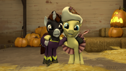 Size: 3840x2160 | Tagged: safe, artist:neoar2000, oc, oc only, oc:brass melody, oc:neo star, alicorn, earth pony, pony, 3d, cheek to cheek, clothes, costume, halloween, halloween costume, hay bale, high res, holiday, hoof on shoulder, jack-o-lantern, jewelry, pumpkin, shadowbolts costume, smiling, source filmmaker, tiara, tutu