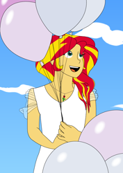 Size: 596x842 | Tagged: safe, artist:hakdurbin, sunset shimmer, human, equestria girls, g4, balloon, clothes, cloud, dress, happy, jewelry, necklace, sky background, wedding dress