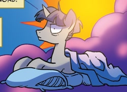 Size: 622x453 | Tagged: safe, idw, official comic, stygian, pony, unicorn, g4, legends of magic #8, my little pony: legends of magic, spoiler:comic, annoyed, blanket, cropped, male, missing accessory, pillow, solo, stallion, tired