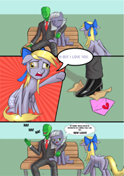 Size: 2481x3509 | Tagged: safe, artist:dinosaurcol, derpy hooves, limestone pie, oc, oc:anon, earth pony, human, pegasus, pony, g4, bench, bowtie, butt, clothes, comic, crying, cuckold, cuckolding, denial, derp, derpybuse, dialogue, eyes closed, female, floppy ears, high res, human and pony, laughing, letter, love letter, male, mare, missing cutie mark, necktie, outdoors, pleading, plot, romance, shoes, sitting, speech bubble, suit, tears of sadness, trio, unrequited, wings, wings down