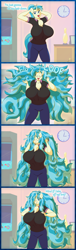 Size: 1550x5125 | Tagged: safe, artist:gunpowdergreentea, allie way, unicorn, anthro, g4, 4 panel comic, bedroom eyes, big breasts, breasts, busty allie way, cartoon physics, chest fluff, clothes, comic, dialogue, eyes closed, female, hammerspace, high res, huge breasts, huge hair, impossibly large breasts, loose hair, mare, one eye closed, pants, polo shirt, solo, talking to viewer