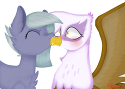 Size: 1064x759 | Tagged: safe, artist:4agonism, gilda, limestone pie, earth pony, griffon, pony, g4, :o, blushing, bust, cheek fluff, cheek kiss, chest fluff, cute, duo, ear fluff, eyes closed, female, gildadorable, kissing, lesbian, limabetes, mare, open mouth, ship:gildastone, shipping, simple background, spread wings, surprised, those gay horses, white background, wide eyes, wings