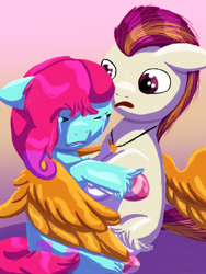 Size: 1536x2048 | Tagged: safe, artist:php176, derpibooru exclusive, jazz hooves, rocky riff, earth pony, pegasus, pony, g5, comforting, concerned, confused, crying, cute, duo, eyes closed, female, gradient background, hoof polish, hug, jewelry, lineless, looking at someone, looking down, male, mare, necklace, open mouth, pink background, sad, shading, simple background, spread wings, stallion, unshorn fetlocks, winghug, wings
