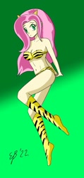 Size: 772x1621 | Tagged: safe, artist:cartoon-eric, fluttershy, human, equestria girls, g4, anime, bare shoulders, clothes, cosplay, costume, female, green background, horns, lum invader, midriff, simple background, sleeveless, solo, strapless, tiger print, urusei yatsura