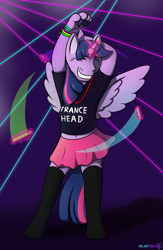 Size: 1300x2000 | Tagged: safe, artist:passionpanther, twilight sparkle, alicorn, anthro, series:plur is magic, g4, clothes, dancing, equine, glowstick, magic, magic aura, neon, party, rave, skirt, solo, spread wings, stockings, thigh highs, twilight sparkle (alicorn), wings