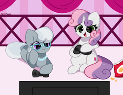 Size: 4909x3804 | Tagged: safe, artist:kittyrosie, silver spoon, sweetie belle, earth pony, pony, unicorn, g4, chips, closed mouth, commission, controller, cute, diasweetes, duo, duo female, eyes open, female, filly, foal, food, gaming, glasses, horn, jewelry, necklace, open mouth, playing, silverbetes, television, the cmc's cutie marks
