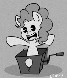 Size: 867x1000 | Tagged: safe, artist:empyu, pinkie pie, earth pony, pony, g4, 15 minute art challenge, gray background, grayscale, monochrome, old timey, open mouth, rubber hose animation, simple background