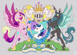 Size: 3500x2480 | Tagged: source needed, safe, artist:hilloty, princess cadance, queen chrysalis, shining armor, alicorn, changeling, pony, unicorn, g4, crown, emblem, female, gray background, heraldry, high res, jewelry, male, mare, regalia, simple background, stallion, tongue out, trio