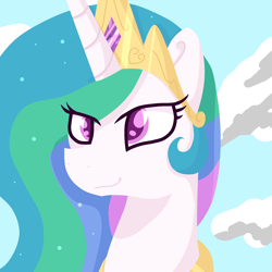 Size: 2022x2022 | Tagged: safe, artist:lindasaurie, derpibooru exclusive, princess celestia, alicorn, pony, g4, bust, crown, ethereal mane, eye clipping through hair, female, high res, jewelry, lineless, mare, regalia, simple background, sky, sky background, smiling, solo