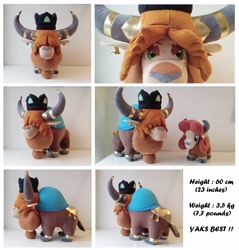 Size: 3993x4185 | Tagged: safe, artist:azdaracylius, prince rutherford, yona, yak, g4, absurd resolution, bow, cloven hooves, duo, female, hair bow, hat, horn, horn jewelry, irl, jewelry, male, monkey swings, photo, plushie