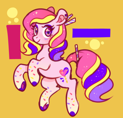 Size: 2664x2564 | Tagged: safe, artist:1racat, oc, oc only, earth pony, pony, blushing, candy, coat markings, colored hooves, commission, eyeshadow, female, floating, food, full body, high res, looking at you, makeup, mare, multicolored mane, multicolored tail, orange background, pink pony, simple background, sketch, smiling, smiling at you, socks (coat markings), solo, tail