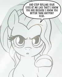 Size: 377x469 | Tagged: safe, idw, fluttershy, pegasus, pony, g5, spoiler:comic, spoiler:g5comic, spoiler:g5comic06, angry, female, flashback, fluttershy is not amused, implied discord, looking at you, mare, monochrome, older, older fluttershy, pointing, pointing at you, talking to viewer, unamused