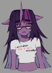 Size: 594x828 | Tagged: safe, artist:ken__006, twilight sparkle, alicorn, anthro, g4, clothes, floppy ears, looking at you, midriff, shirt, simple background, solo, twilight sparkle (alicorn)