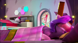 Size: 1920x1073 | Tagged: safe, screencap, pipp petals, zipp storm, pegasus, pony, g5, have you seen this dragon?, my little pony: make your mark, my little pony: make your mark chapter 2, spoiler:g5, spoiler:my little pony: make your mark chapter 2, spoiler:mymc02e08, bed, blanket, female, mare, morning, open mouth, pillow, royal sisters (g5), siblings, sisters, sleep mask, sleeping, sleepy, snoring