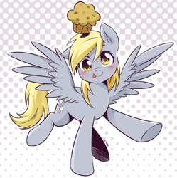 Size: 706x709 | Tagged: safe, artist:nekoshiei, seven seas, derpy hooves, pegasus, pony, g4, my little pony: the manga, my little pony: the manga volume 3, spoiler:manga3, :p, abstract background, blushing, cute, derpabetes, female, floppy ears, food, looking at you, mare, muffin, obligatory muffin, one ear down, silly, silly pony, solo, spread wings, tongue out, underhoof, wings