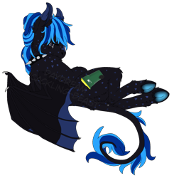 Size: 1765x1800 | Tagged: safe, artist:cackling-beast, oc, bat pony, pony, bat wings, black coat, blue mane, collar, commission, eyes closed, frog (hoof), heart mark, long tail, lying down, on side, simple background, solo, spiked collar, tail, transparent background, two toned hair, underhoof, unshorn fetlocks, watermark, wings