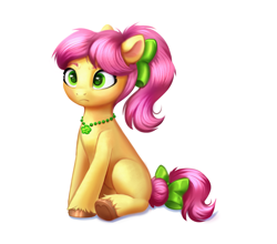 Size: 3359x2953 | Tagged: safe, artist:confetticakez, posey bloom, earth pony, pony, g5, adoraposey, bow, cute, female, hair bow, heart, hoof heart, jewelry, mare, necklace, ponytail, simple background, solo, tail, tail bow, underhoof, upside-down hoof heart, white background