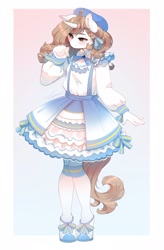 Size: 2000x3045 | Tagged: safe, artist:peachmayflower, oc, oc only, unicorn, anthro, beret, clothes, dress, frills, frilly dress, hat, high res, ribbon, shoes, solo