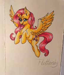 Size: 2796x3242 | Tagged: safe, artist:dankpegasista, fluttershy, pegasus, pony, g4, blue eyes, friendly, high res, long hair, pencil drawing, photo, pink hair, spread wings, traditional art, wings, yellow fur