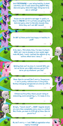 Size: 2048x4096 | Tagged: safe, gameloft, idw, pinkie pie, temperance flowerdew, twilight sparkle, alicorn, earth pony, pony, g4, my little pony: magic princess, anti-sugar league, clothes, dialogue, dialogue box, english, event, female, folded wings, glasses, horn, idw showified, mare, river, speech bubble, sword, text, twilight sparkle (alicorn), water, weapon, wings