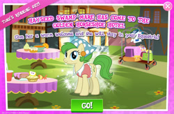 Size: 1964x1298 | Tagged: safe, gameloft, spring green, earth pony, pony, g4, my little pony: magic princess, bandana, cajun ponies, clothes, ear piercing, earring, english, female, jewelry, mare, mobile game, piercing, shirt, solo, table, text