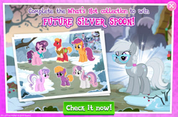 Size: 1962x1297 | Tagged: safe, gameloft, big macintosh, diamond tiara, little mac, scootaloo, silver spoon, sugar belle, sweetie belle, earth pony, pegasus, pony, unicorn, g4, my little pony: magic princess, clothes, collection, colt, english, female, foal, future, glasses, group, horn, jewelry, male, mare, necklace, older, older big macintosh, older diamond tiara, older scootaloo, older silver spoon, older sugar belle, older sweetie belle, shirt, small wings, snow, spread wings, stallion, text, tiara, unshorn fetlocks, wings