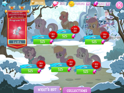 Size: 2048x1536 | Tagged: safe, gameloft, big macintosh, diamond tiara, little mac, scootaloo, silver spoon, sugar belle, sweetie belle, earth pony, pegasus, pony, unicorn, g4, my little pony: magic princess, clothes, coin, collection, colt, english, female, foal, future, gem, glasses, group, horn, jewelry, male, mare, necklace, older, older big macintosh, older diamond tiara, older scootaloo, older silver spoon, older sugar belle, older sweetie belle, shirt, small wings, snow, spread wings, stallion, text, tiara, timer, unshorn fetlocks, wings
