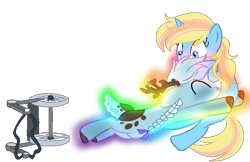 Size: 615x399 | Tagged: safe, artist:laceyscreations, oc, oc only, oc:coco chaude, oc:skydreams, deer, pony, reindeer, unicorn, base used, braid, commission, duo, female, glomp, levitation, magic, magic aura, mare, self-levitation, show accurate, simple background, surprised, tackle, tackle hug, telekinesis, transparent background, wheelchair